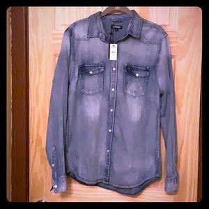 Distressed Express denim snap button down